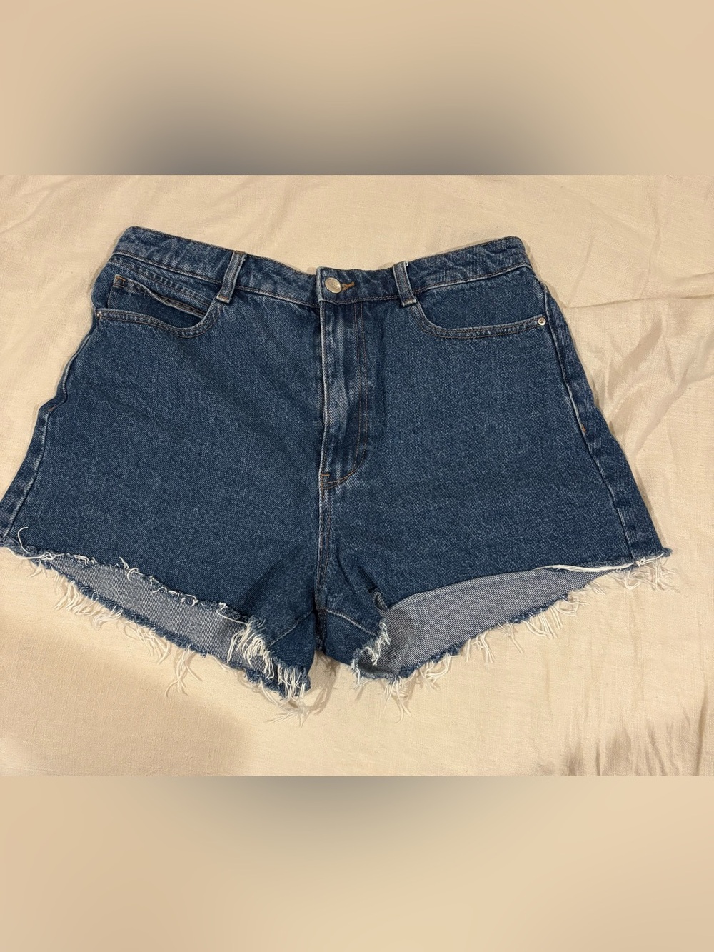 Zara Dark Blue Frayed Hem Denim Shorts